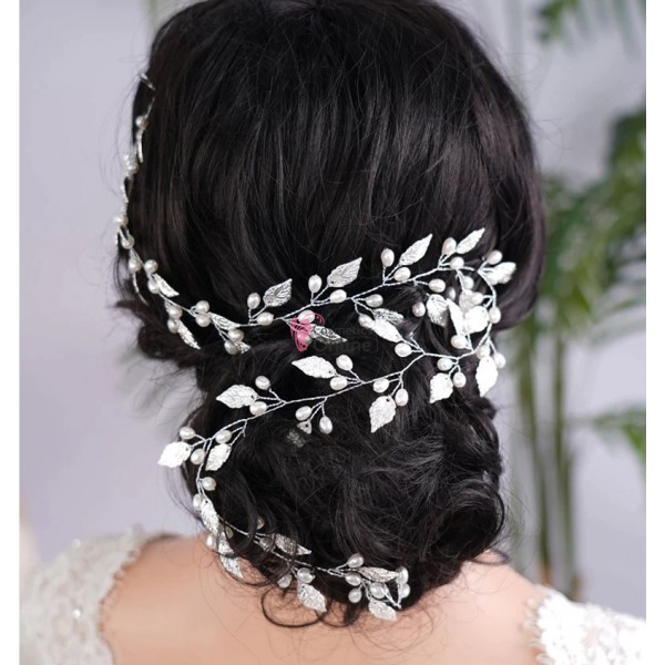 Accesoriu modern pentru decor par WED07PP Argintiu cu perle de 60cm + 6 agrafe